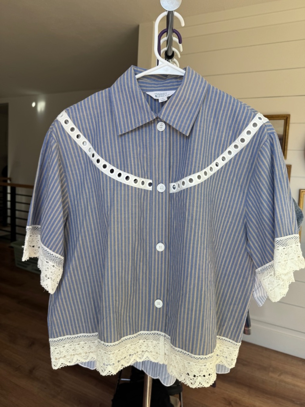 Market & Spruce Blue and White Striped Button-Up Shirt with Tan Accent